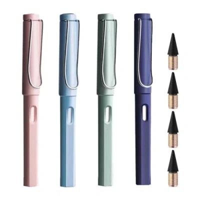 Abbildung von DaiUni 4 Stück Ewiger Bleistift, Tintenloser, Metall Tintenlose Bleistifte, Tintenloser Bleistift mit Radiergummi, Endloser pcs Wechselkopfm