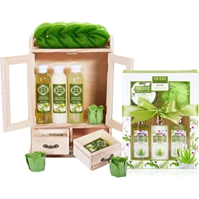 Abbildung von BRUBAKER Cosmetics 2 in 1 Pflegeset Olive &amp; Aloe Vera Großes 15 teiliges Wellness Set Damen Dusch und Badeset Frauen Beauty Geschenkset mit Deko Holzschrank