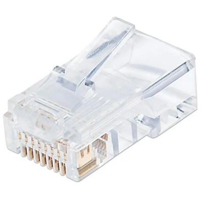 Abbildung von Intellinet 100er Pack Cat5e RJ45 Modularstecker Pro Line (UTP, 3 Punkt Aderkontaktierung, für Massivdraht,50 µ vergoldete Kontakte) 790512 klar / durchsichtig