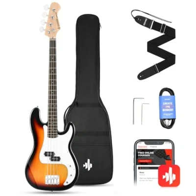 Abbildung von Donner E Bass Gitarre Anfänger Set, 4 Saiten P Stil Gitarren in voller Größe Elektrobass mit Gitarrentasche, Gitarrengurt und Gitarrenkabel (Sunburst)