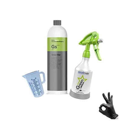 Abbildung von detailmate Green Star Set Auto Innenreinigung: Koch Chemie GreenStar Universalreiniger 1L + KWAZAR Mercury Sprühflasche Edition 0,5l ph 8 14 geeignet Messbecher Handschuhe