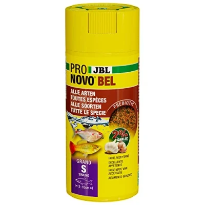 Abbildung von JBL PRONOVO BEL GRANO, Hauptfutter für alle Aquarienfische von 3 10 cm, Fischfutter Granulat, Klickdosierer, Größe S, 250 ml