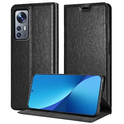 Abbildung von Cadorabo Hülle kompatibel mit Xiaomi 12 / 12X aus Premium Kunst Leder Flip Klappbare Stoßfeste Magnetische [Standfunktion] [Kartenfächern] Cover Case für Tasche in Schwarz