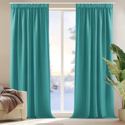 Abbildung von Deconovo Gardinen Verdunkelungsvorhang Kräuselband Hitzeschutz Wohnzimmer Vorhang Blickdicht, 245x140cm(HöhexBreite), Türkis, 2er Set