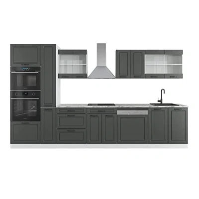 Abbildung von Vicco Küchenzeile R Line, Anthrazit Landhaus/Weiß, 350 cm mit Hochschrank, AP Marmor