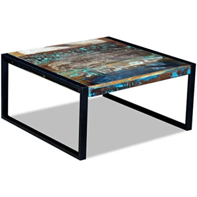 Abbildung von Festnight Retro Stil Couchtisch Kaffeetisch aus Recyceltes Massivholz Hartholz Tischplatte Wohnzimmertisch Beistelltisch 80x80x40cm