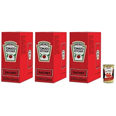 Abbildung von Heinz Tomato Ketchup Sachet,Jede Packung enthält 200 Einzeldosisbeutel à 10ml + Kostenlose Italian Gourmet Polpa di Pomodoro 400g Dose