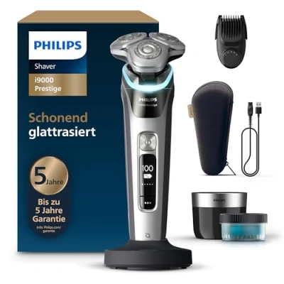 Abbildung von Philips Shaver i9000 Prestige, Nass und Trockenrasierer, Dark Slate Nova, mit Skin IQ Technologie, Triple Lift &amp; Cut System, 360 rotierende Dual SteelPrecision Klingen, Bartstyler, Modell XP9204/33
