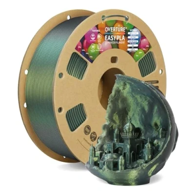 Abbildung von OVERTURE Easy PLA 1.75 mm 3D Druckerfilament, 1kg (2.2 lbs), Verstärkt Zähigkeit PLA, Maßgenauigkeit +/ 0,02 für die meisten FDM Drucker (Shimmer Silbergrün)