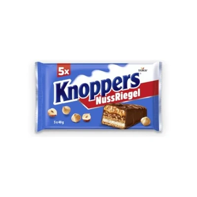Abbildung von Knoppers NussRiegel 1 x 200g (5 Riegel) Schokoriegel mit Milch und Nugatcreme, Haselnüssen, Karamell Vollmilchschokolade