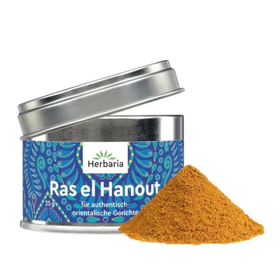Abbildung von Herbaria Ras el Hanout Bio 25g S Dose fertige Gewürzmischung für authentische orientalische Gerichte mit 15 erlesenen Zutaten in nachhaltiger Aromaschutz