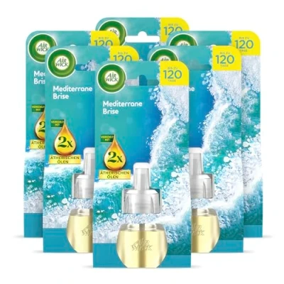Abbildung von Air Wick Duftstecker Nachfüller Duft: Mediterrane Brise Zitrischer Raumduft für die Steckdose 6x 19ml Duftölflakon