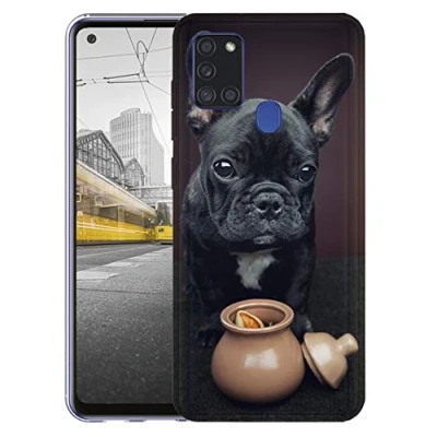 Abbildung von KX Mobile Hülle für Samsung A21s Handyhülle Motiv 1451 Französische Bulldogge Hund Schwarz Welpe Premium Silikonhülle SchutzHülle Softcase HandyCover Galaxy