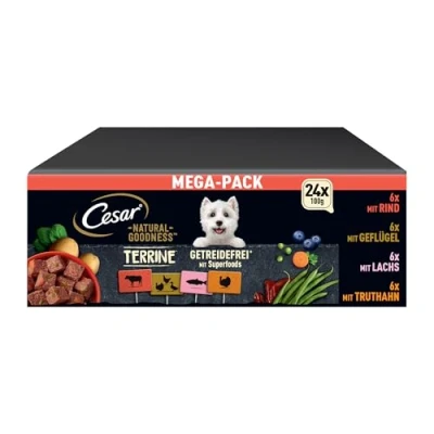 Abbildung von Cesar NATURAL GOODNESS Premium Hunde Nassfutter in der Schale Getreidefrei mit Superfoods 4 Varietäten Megapack 24x100g