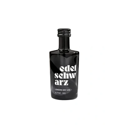 Abbildung von edelschwarz alpine bio Gin, Miniature 50ml, 47% vol. premium handcrafted London Dry Gin 17 ausgewählte botanicals Qualität Made in Südtirol
