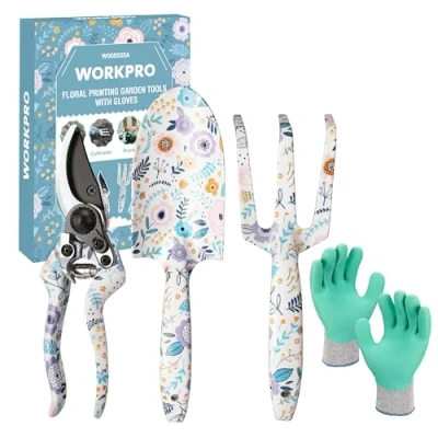 Abbildung von WORKPRO Gartenwerkzeug Set 4 tlg., Gartengeräte mit Geschenkverpackung, Gartenschaufel Gartenschere Gartenkralle Handschuhe, Geschenke für Gärtnerinnen und Gärtner, Gartengeschenk weiß