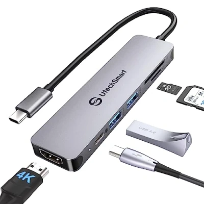 Abbildung von USB C Hub, UtechSmart 6 in 1 Adapter Multiport mit 4K@60Hz HDMI, 2*USB 3.0, PD 100W, SD/TF Kartenleser, Kompatibel für MacBook Pro/Air M1, Dell, HP, Steam Deck und Typ Geräten