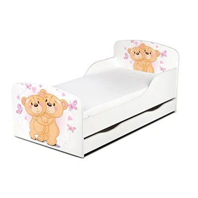 Abbildung von Leomark Einzelbett aus Holz Liebe Bären Kinderbett mit Schubladen für Bettwäsche, Stauraum, Holzbett Matratze + Lattenrost, Komplett Set, Liegefläche 70/140 cm, UV Druck