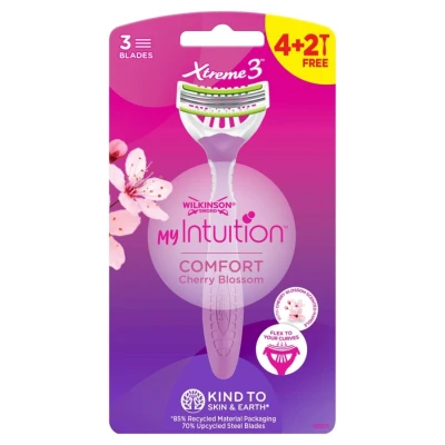 Abbildung von Wilkinson Sword MyIntuition Comfort Xtreme 3 Einwegrasierer Rasierer mit flexiblen Klingen für Damen Drehbarer Kopf 2 Schmierstreifen Packung 4+2