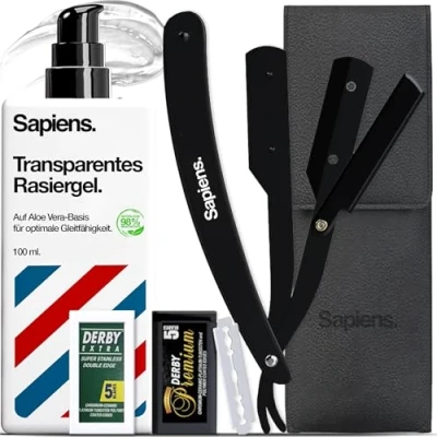 Abbildung von Sapiens Barbershop Herren Rasierset mit Rasiermesser + Transparentes Rasiergel 120 Derby Halbe Rasierklingen Tragetasche Bart Rasierer Straight Razor Schwarze Edition