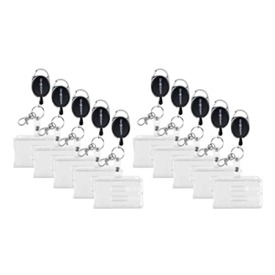 Abbildung von WEBBOMB® 10er Set Ausweishalter Kartenhülle Ausweishülle 10x Kartenhalter aus Hartplastik für Ausweise &amp; Karten mit reißfester 70 cm Ausweis JoJo Schnur Karabiner Schlüsselring + Metall Gürtelclip