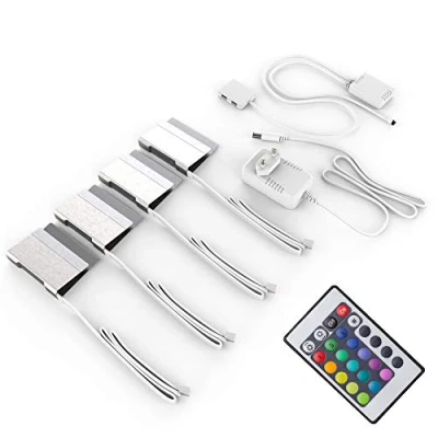 Abbildung von B.K.Licht Dekolicht LED Glasbodenbeleuchtung 4er Set Clips BKL1111, Dimmfunktion, fest integriert, Farbwechsler, Vitrinenbeleuchtung Schrankbeleuchtung inkl. Fernbedienung RGB