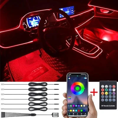 Abbildung von TABEN Auto Atmosphärenlicht Kit Musiksynchronisation Mehrfarbig RGB 16 Millionen Farben 8 Meter Glasfaser USB Ambientebeleuchtung Kit, drahtlose RF Fernbedienung und Bluetooth App Steuerung DC 12V