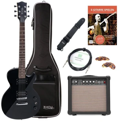 Abbildung von Rocktile L 100 BL E Gitarre Schwarz Starter Set Single Cut Modell Korpus: Linde 2x Humbucker Tonabnehmer inklusive Verstärker, Gigbag, Kabel, Picks, Gurt und Schule
