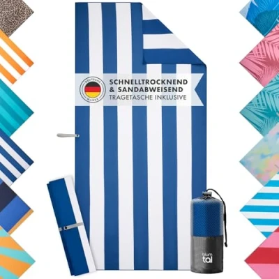 Abbildung von Blumtal Reisehandtuch Strandhandtuch 90x180 cm aus Mikrofaser kompakt &amp; schnelltrocknend, sandfrei mit Band Handtuch groß Wellen Muster