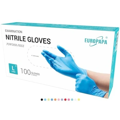 Abbildung von EUROPAPA® 100x Nitrilhandschuhe Box Einweghandschuhe, Einmalhandschuhe, Untersuchungshandschuhe, Nitril Handschuhe, puderfrei, ohne Latex, unsteril, latexfrei, disposible gloves (L, Blau)