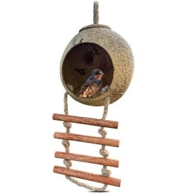 Abbildung von Namture Handgefertigtes Kokosnuss Vogelhaus Recycelte Kokosnussschale, Vogelfutterstation im Leiterstil, Wetterfester Nistkasten für kleine Vögel, Garten und Tierliebhaber