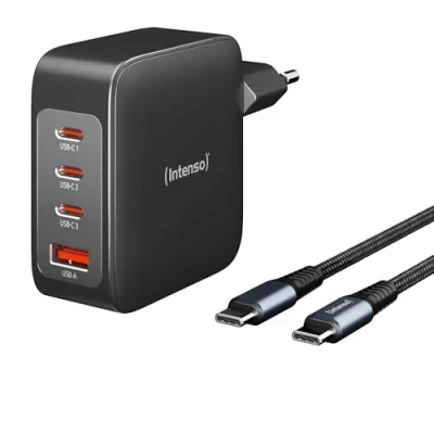 Abbildung von Intenso Power Adapter W140A3C GaN Set, 3xUSB C Netzteil mit bis zu 140 Watt und USB Daten+Ladekabel Technologie, Mfi Zertifiziert, weiß