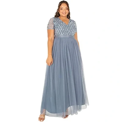 Abbildung von Maya Deluxe Damen Stripe Embellished Maxi With Sash Belt Bridesmaid Dress, Dusty Blue, 50 EU