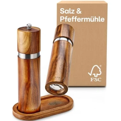 Abbildung von Praknu Gewürzmühle Salz und Pfeffermühle aus Akazienholz manuell, Nachhaltiges FSC Holz Langlebiges Keramikmahlwerk Plastikfrei