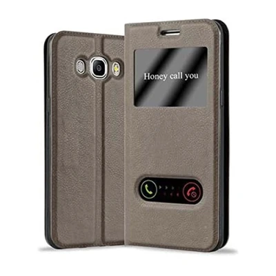 Abbildung von Cadorabo Hülle kompatibel mit Samsung Galaxy J7 2016 Sichtfenster aus Kunst Leder Flip Klappbare Magnetische [Standfunktion] [Kartenfächern] Cover für Tasche in Braun