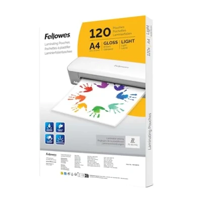 Abbildung von Fellowes 120pk A4 Laminierfolien, glänzende Oberfläche, 120 Hüllen leichte Ausführung ideal für Notizen und Fotos Amazon Exclusive
