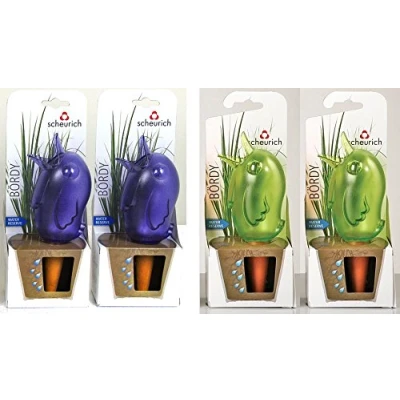 Abbildung von Scheurich Wasserspender Bördy S 4er Set Lila/Grün 90 ml Füllmenge Bewässerungskugel klein mit Ton Fuß Pflanzen und Blumen Terrakotta Stiel