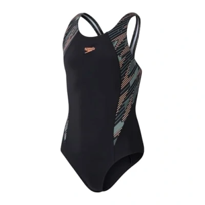 Abbildung von Speedo Girls Hyperboom Splice Muscleback Badeanzug für Kinder, Größe: 116, Black/country green/nectarine