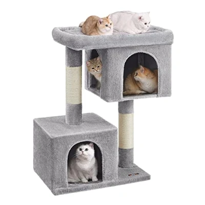 Abbildung von Feandrea Kratzbaum, 101 cm Katzenbaum, XL, Katzenhaus für extra große Katzen bis zu 20 kg, Plattform, 2 Katzenhöhlen, Sisalstämme, hellgrau PCT614W01
