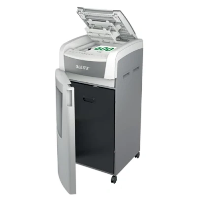 Abbildung von Leitz IQ Autofeed Office Pro Aktenvernichter, 600 Blatt Papierstapel schreddern, Zeit sparen mit automatischem Einzug, Partikelschnitt P4, 110L Abfallbehälter, Leiser Betrieb für große Büros, 80170000