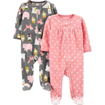 Abbildung von Simple Joys by Carter&#039;s Baby Mädchen Schlaf und Spielanzug aus Fleece mit Füßen, 2er Pack, Hellrosa Punkte/Kohlegrau Waldtiere, Frühchen