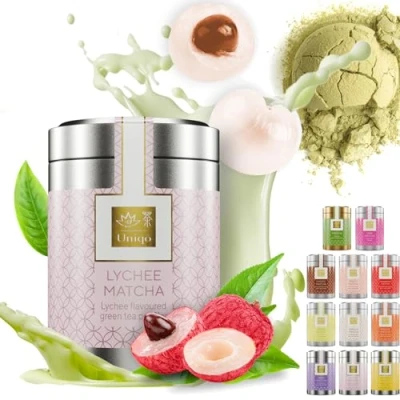 Abbildung von Tea Uniqo Litchi Matcha Pulver Ideal zum Bubbletea, Eis o. Smoothies Latte mit Litschi Geschmack, ohne künstliche Farbstoffe in edler Dose