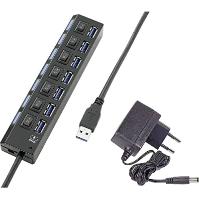 Abbildung von Renkforce 7 Port USB 3.2 Gen 1 Hub (USB 3.0) einzeln schaltbar, mit Status LEDs, iPad Ladeport Schwarz