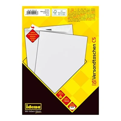 Abbildung von Idena 10226 Versandtaschen DIN C5, 10 Stück haftklebend, Umschläge ohne Fenster, aus 90 g/m² FSC Mix Papier in Weiß