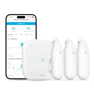 Abbildung von X Sense WLAN Hygrometer Thermometer Innen, Temperatur und Luftfeuchtigkeitsüberwachung per App, 500m Reichweite, Kostenfreier Datenexport, kompatibel mit Alexa, 3 Sensoren 1 Basisstation SBS50