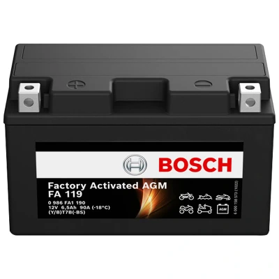 Abbildung von Bosch FA119 AGM Motorradbatterie 12V 90A 6,5Ah Geeignet für Motorräder, Enduros, Roller, Quads, Jetskis Kompatibel M6008, BT7B BS,