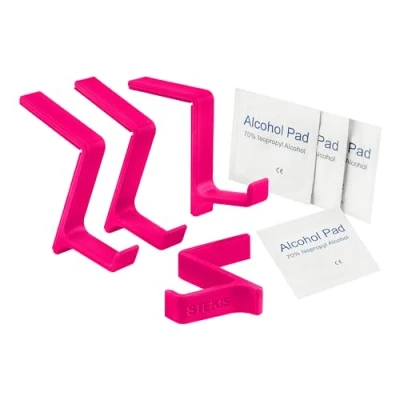 Abbildung von STEKIS Headset Halterung Haken für Monitor Pink 4 Stück im kompakten Design mit Reinigungstuch Kopfhörer Halter Bildschirm Made in Germany