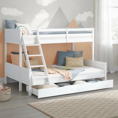 Abbildung von Homestyle4u Etagenbett 90x200 und 140x200 Kinderbett Holz 2 Kinder Massiv mit Rausfallschutz (mit Bettkasten), Weiß
