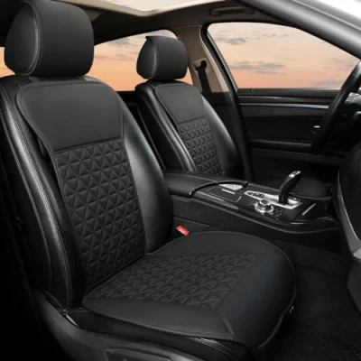 Abbildung von Black Panther 1 Paar Luxus PU Leder Sitzbezüge Auto Vordersitze, kompatibel mit 95% Autos,Keine Sitzheizung, Keine Wärme (Limousine/SUV/Pickup/Van) Schwarz