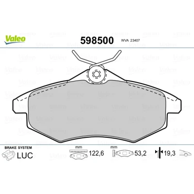 Abbildung von VALEO 598500 Bremsbelagsatz Vorderachse exkl. Verschleißwarnkontakt ohne Anti Quietsch Blech CITROËN: C2 Schrägheck, C3 I II